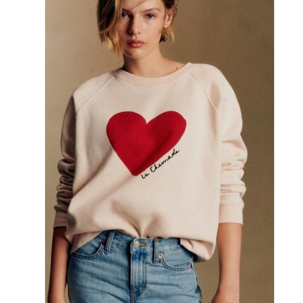 Sezane Classic La Chamade Red Heart Graphic Sweatshirt Cream Beige Cotton Sz S